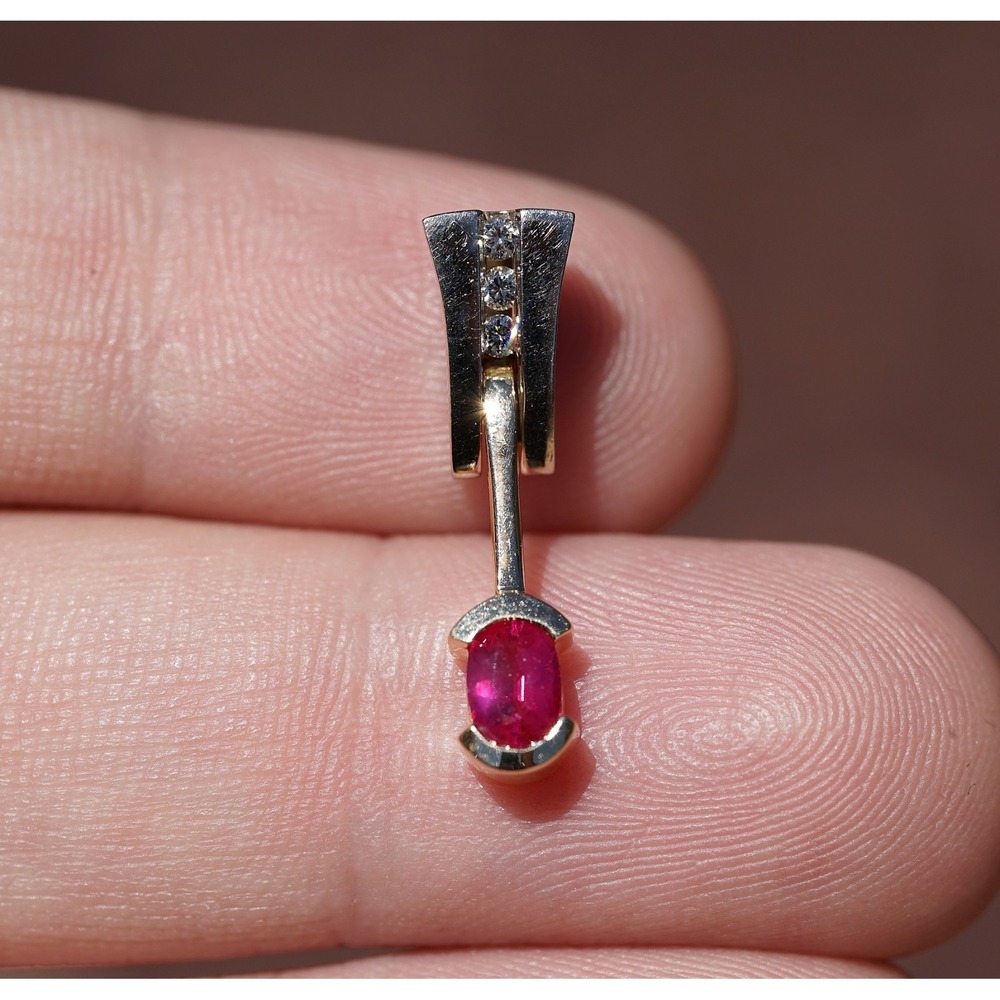 Vintage 14k Solid Yellow White Gold Natural Ruby Channel Set Diamond Pendant